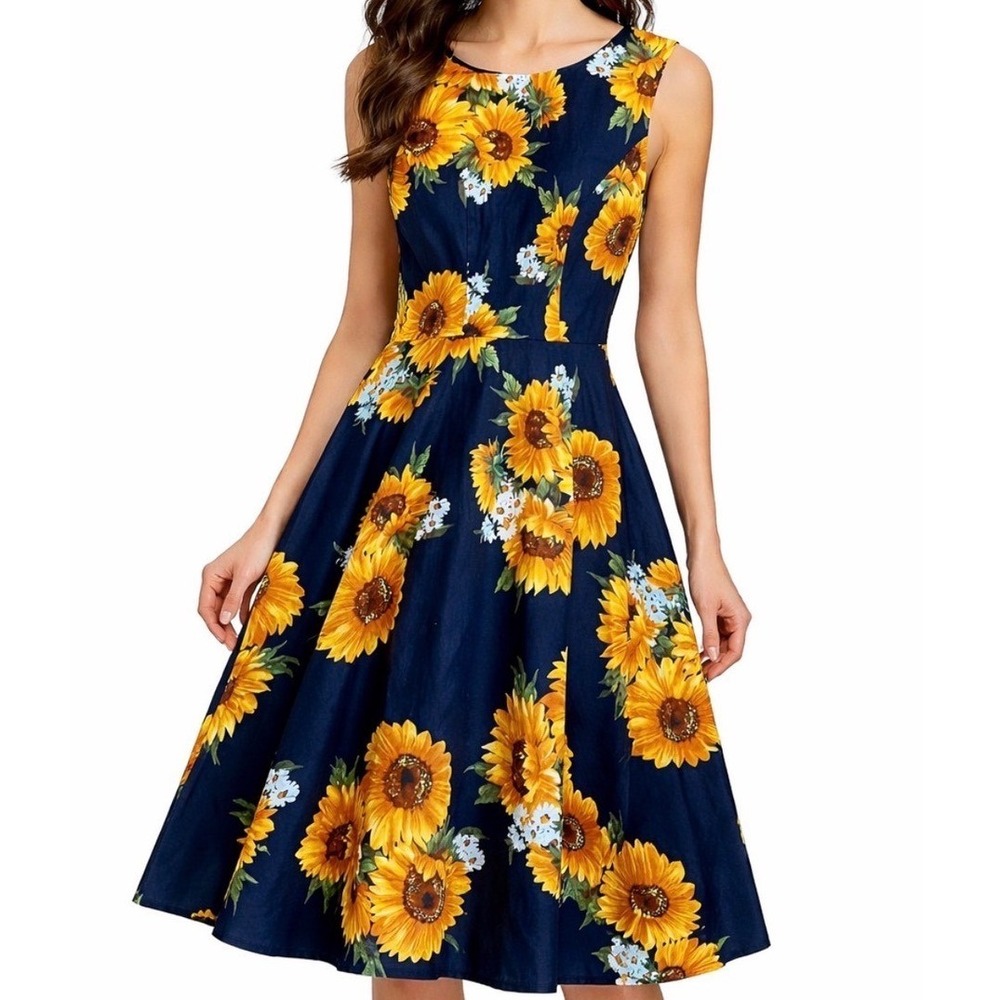 Hanpceirs Sunflower Dress Size M Black‎ Yellow Fit and Flare Retro Summer